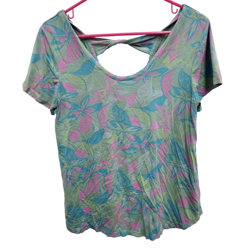 Fresh Produce Womens Top S/M Teal Floral Tropical Bow Back Short Sleeve Beach